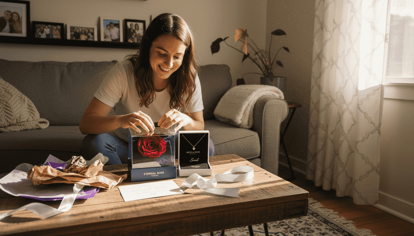 Woman unboxing personalized romantic gifts