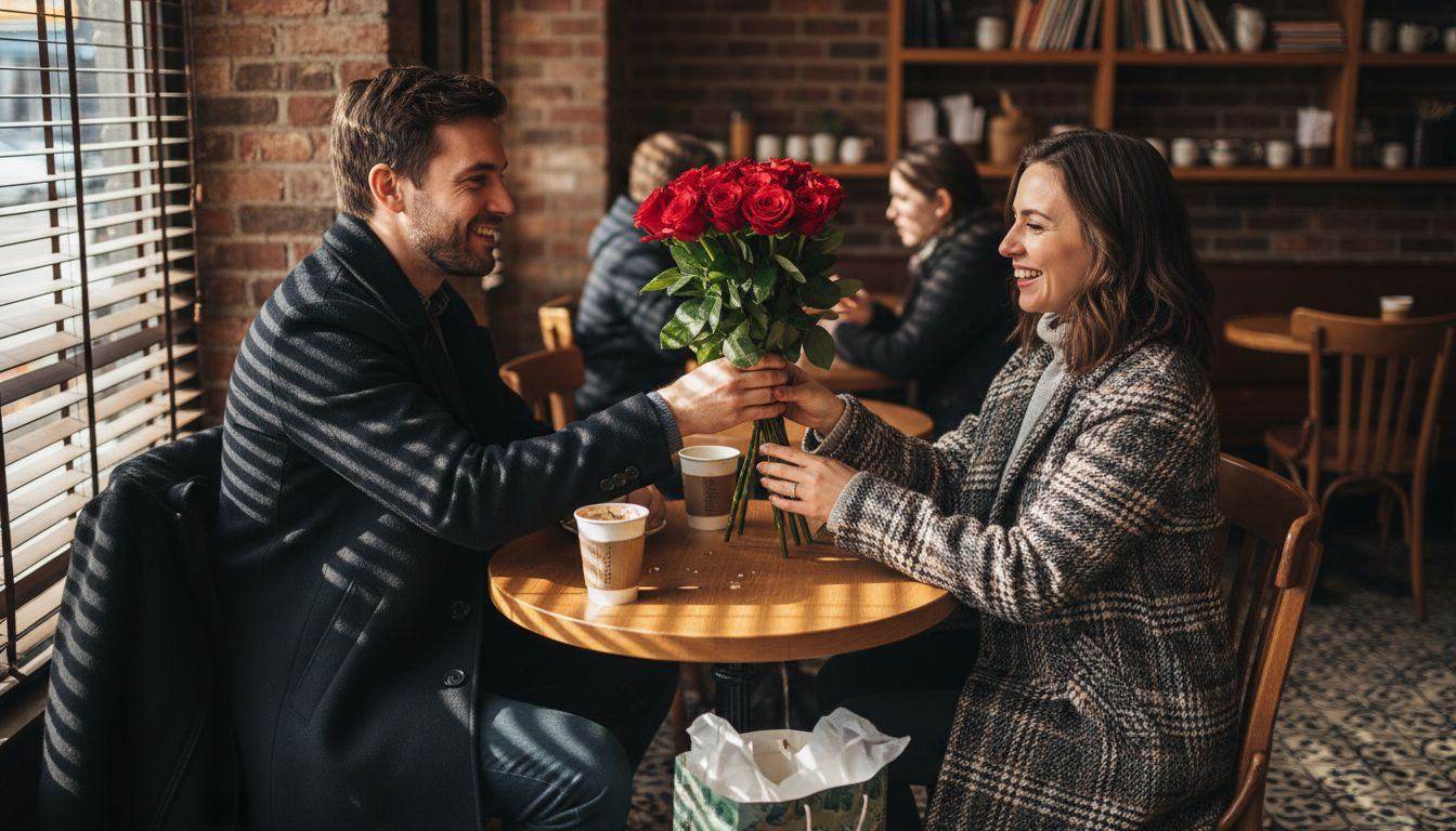 Romantic couple exchanging roses in city cafe