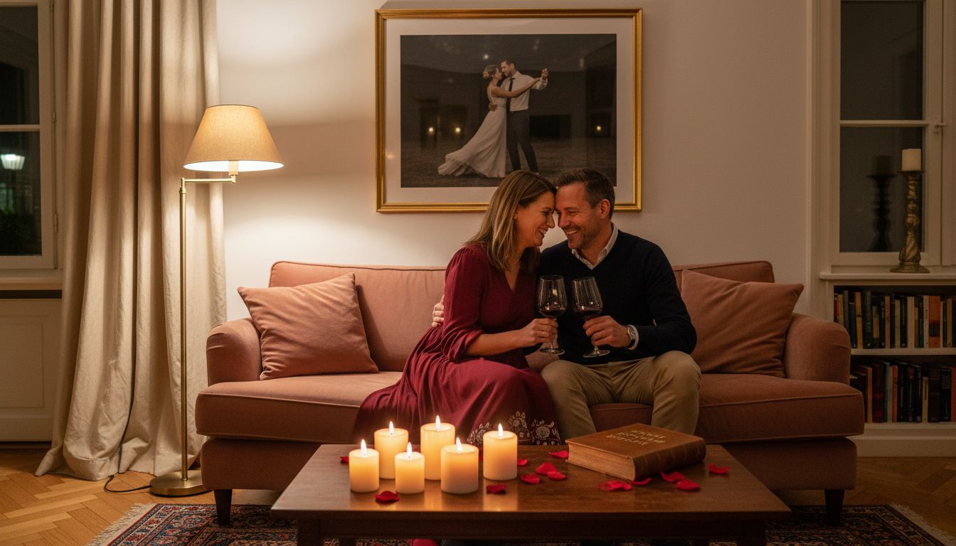 Ein Paar genießt einen gemütlichen Abend im liebevoll dekorierten Wohnzimmer.