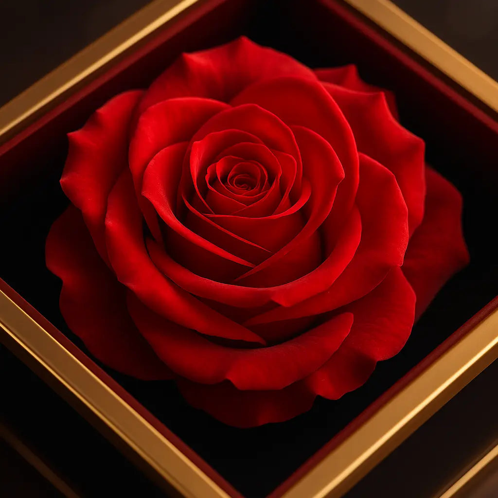 Rote ewige Kunstrose von Amorlune in einer goldenen Box als langlebige, pflegeleichte Alternative zu echten Rosen