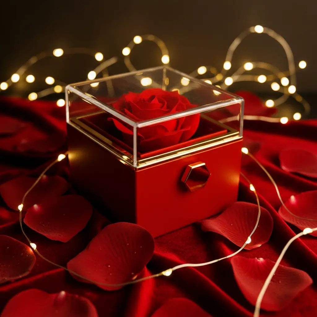 Rote Eternal Roses Gift Box Classic von Amorlune als romantisches Weihnachtsgeschenk für die Freundin mit Lichterkette und Rosenblättern