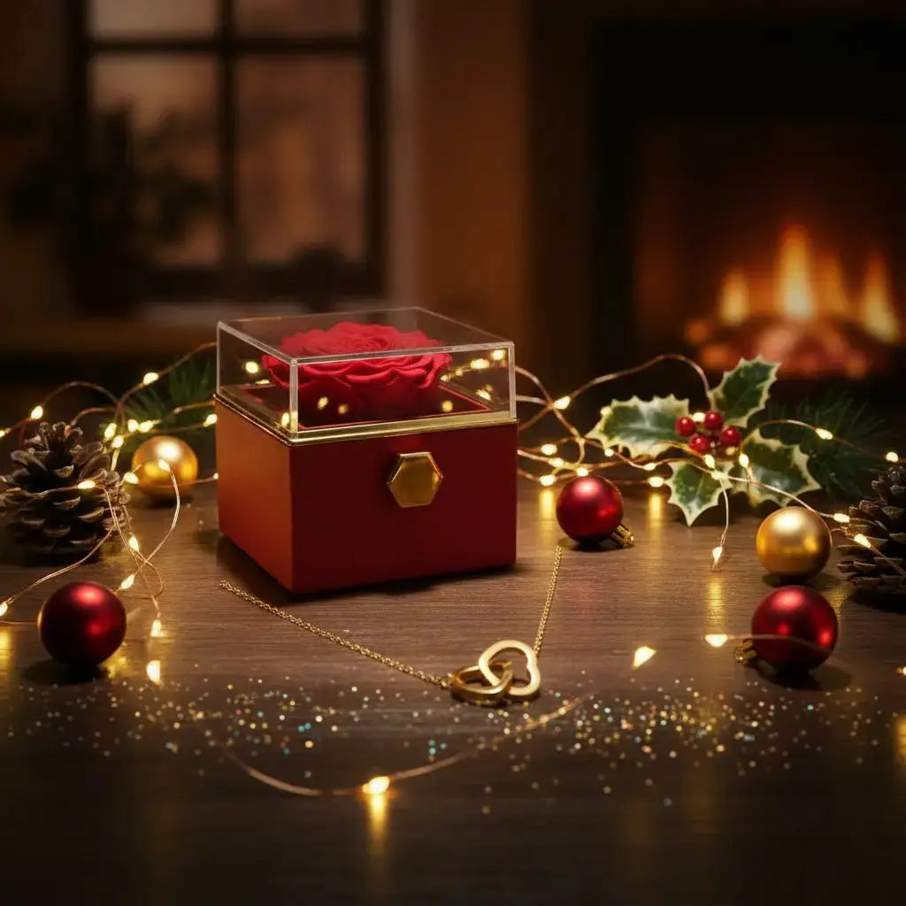 Eternal Roses Gift Box Classic von Amorlune als romantisches Geschenk auf weihnachtlich dekoriertem Tisch mit Lichterkette und Kugeln