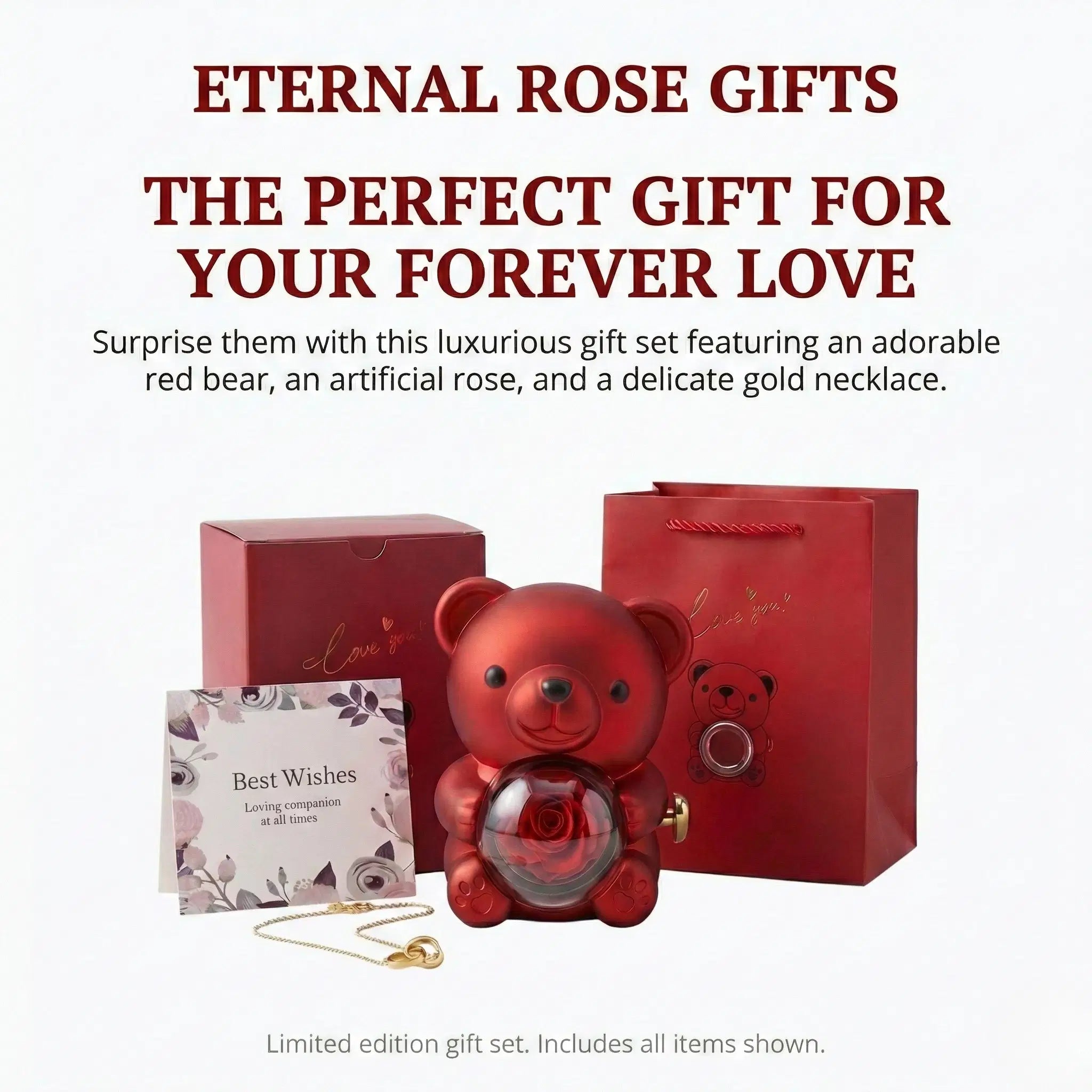 Ewiger Rosenteddybär Geschenkset - Handgefertigt mit konservierten Rosen | Romantisches Geschenk für Frauen