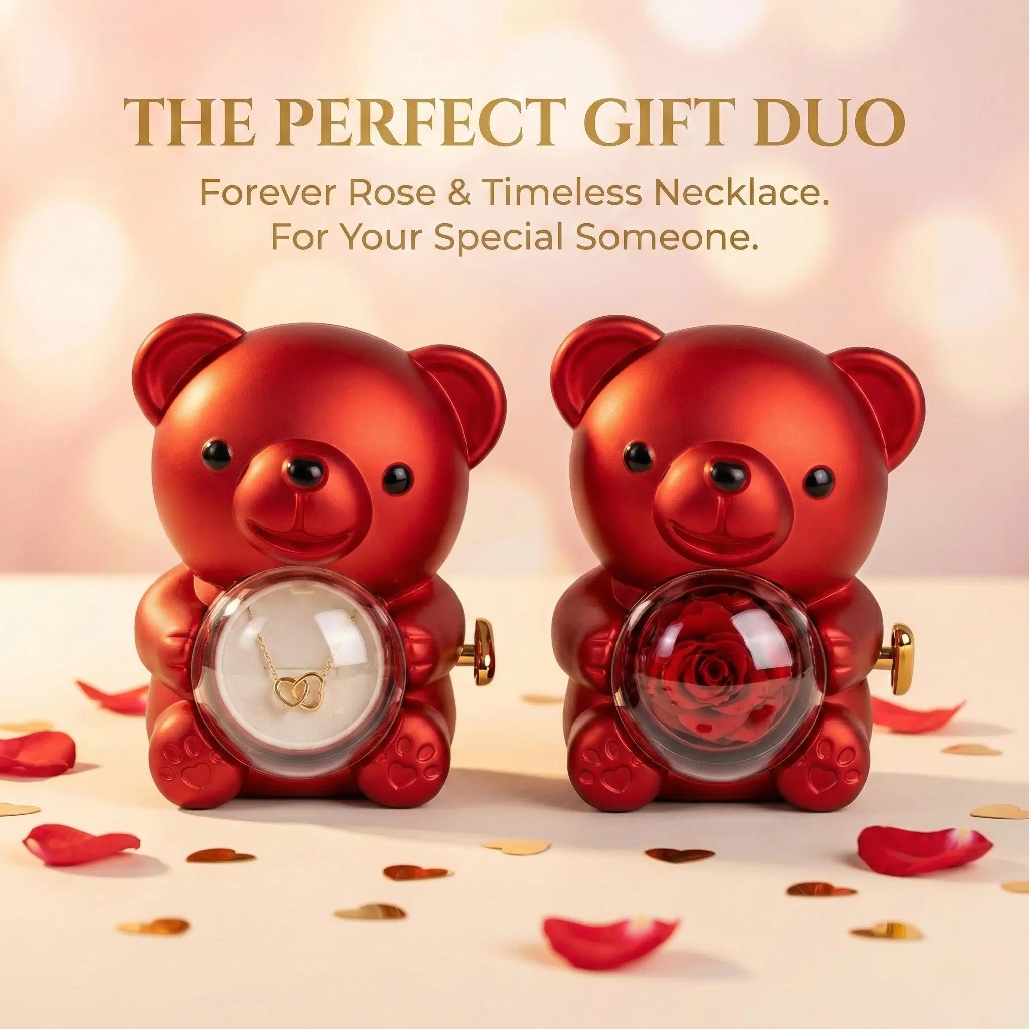 Ewiger Rosenteddybär Geschenkset - Handgefertigt mit konservierten Rosen | Romantisches Geschenk für Frauen