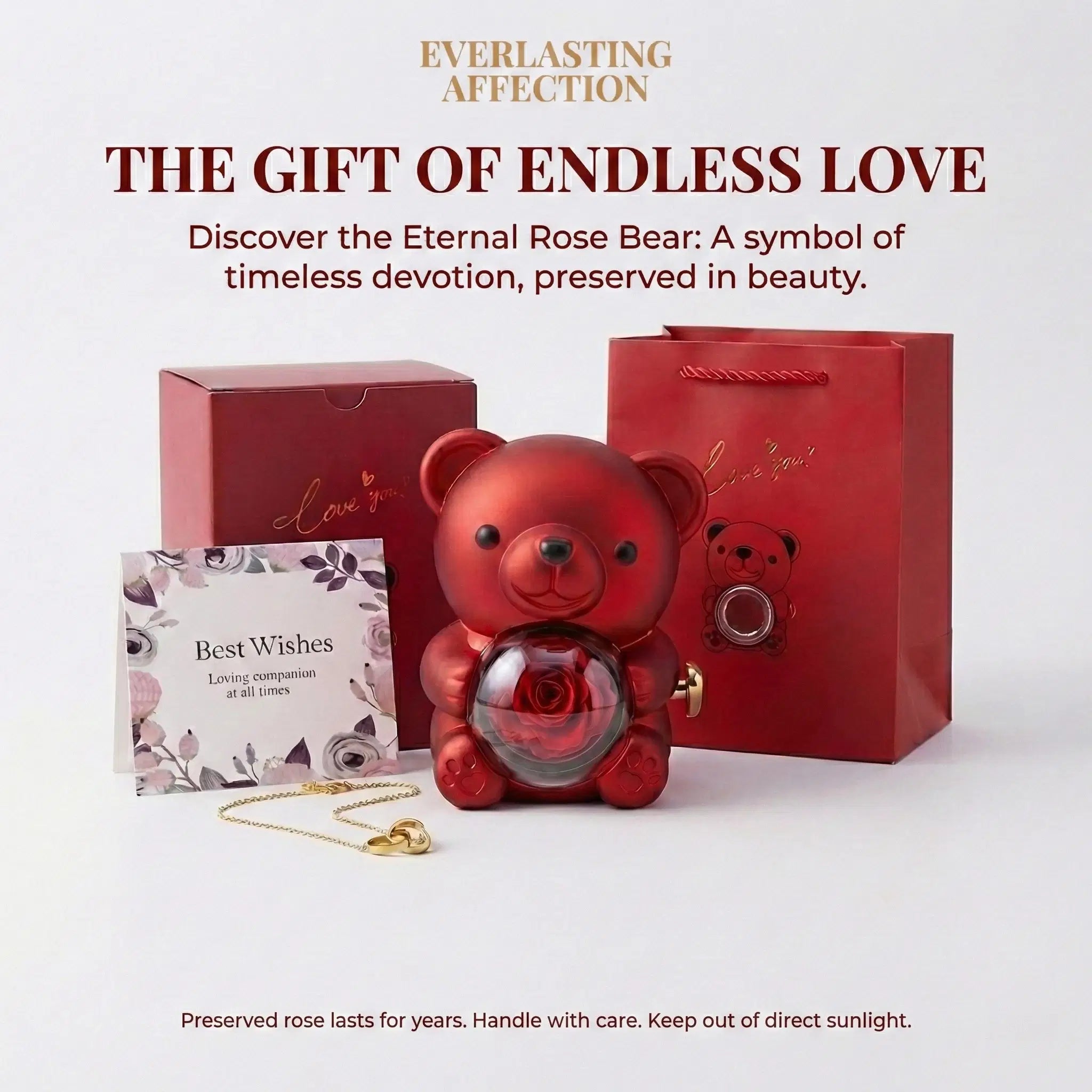 Ewiger Rosenteddybär Geschenkset - Handgefertigt mit konservierten Rosen | Romantisches Geschenk für Frauen