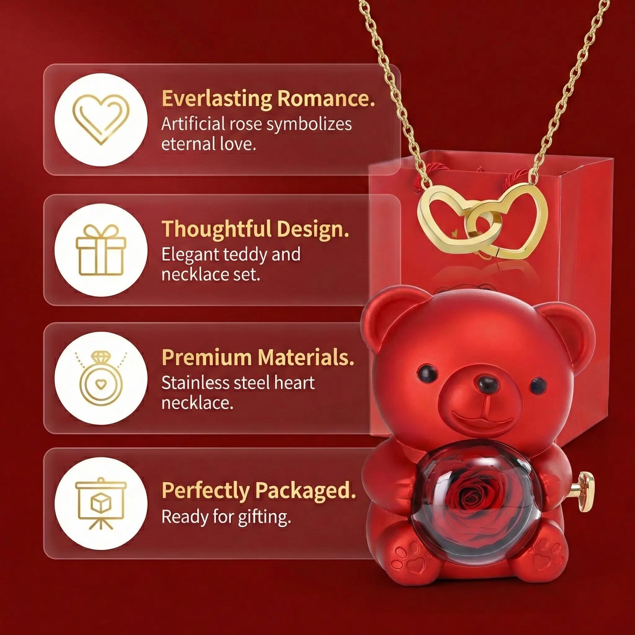 Ewiger Rosenteddybär Geschenkset - Handgefertigt mit konservierten Rosen | Romantisches Geschenk für Frauen