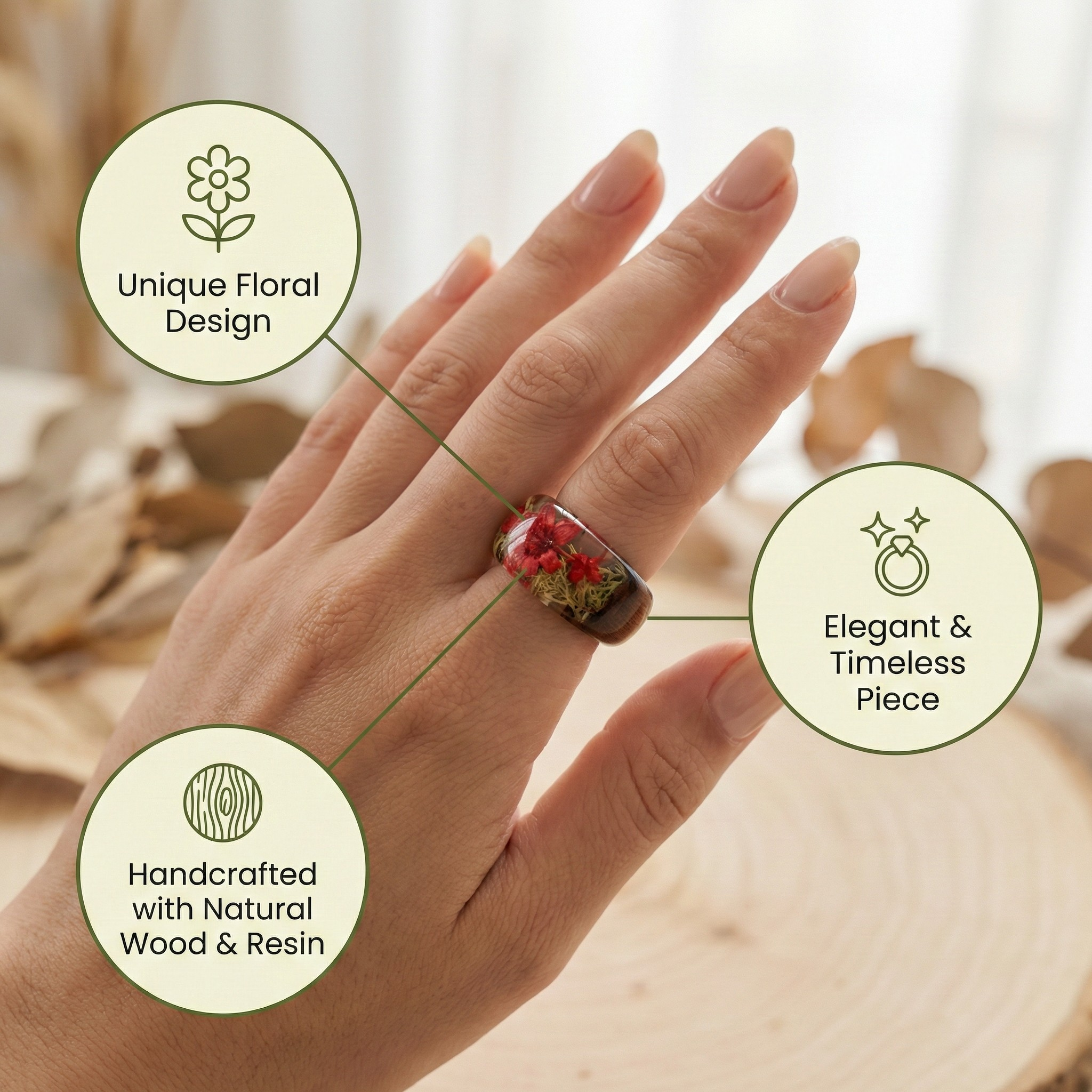 Holzring mit Harz & Blumenmotiv