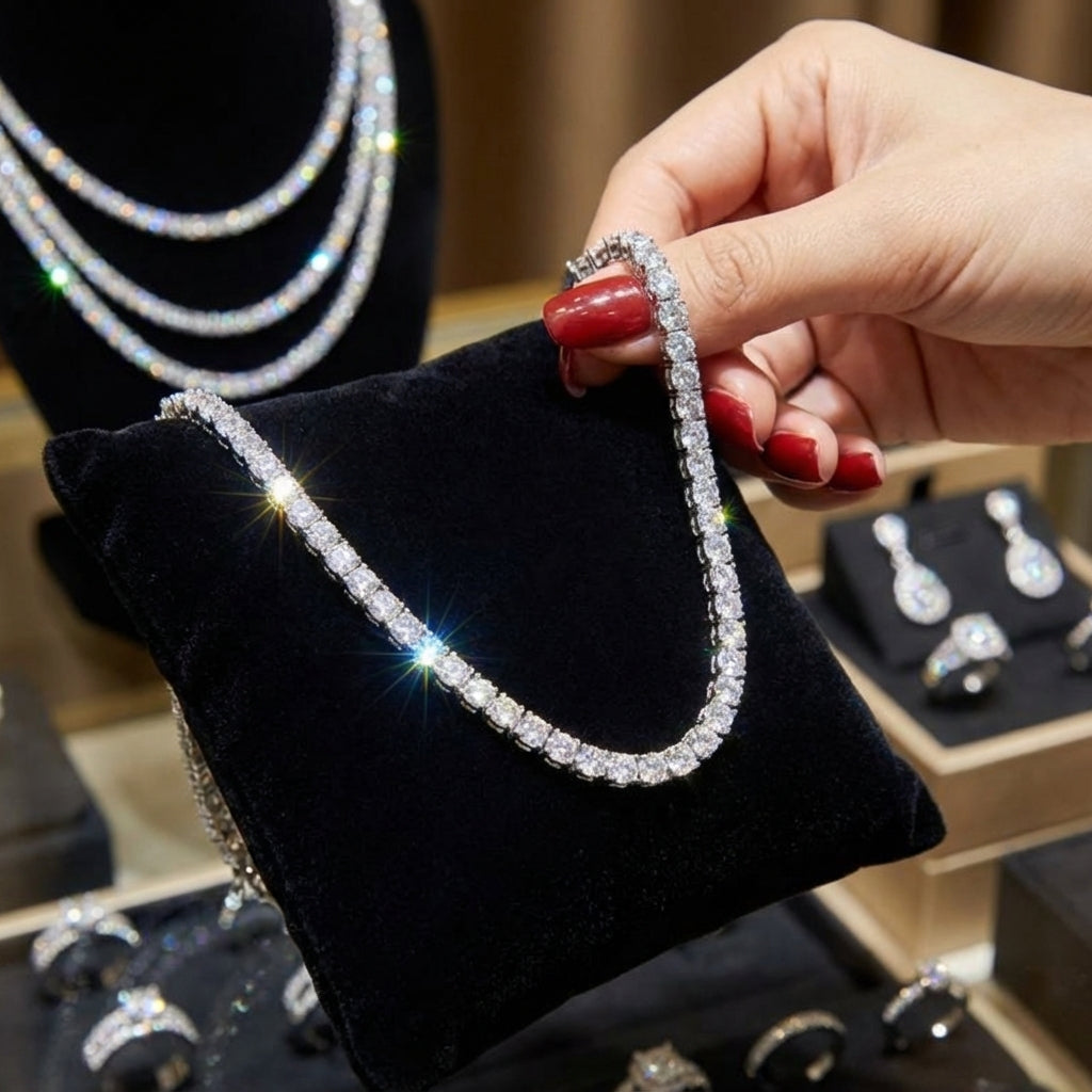 925 sterling silver moissanite link chain by Amorlune, showcasing sparkling stones and elegant design.