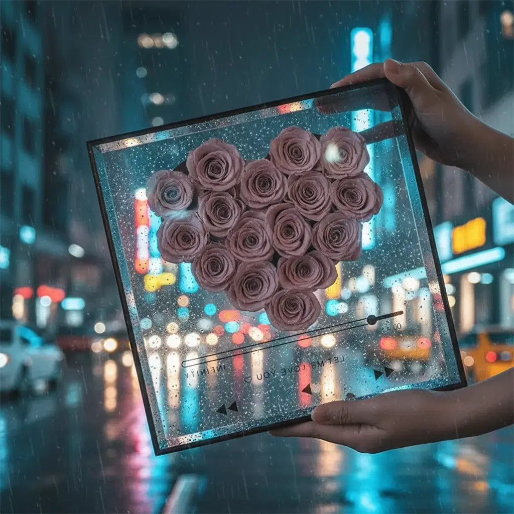 Acryl Herz mit ewigen Rosen, personalisierbarer Love CD von Amorlune, elegant und romantisch präsentiert.