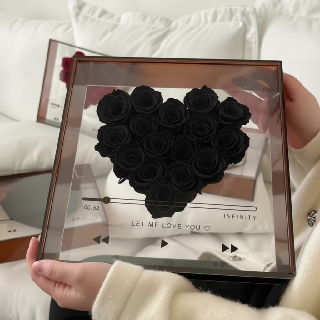 Acryl Herz mit ewigen Rosen und einer personalisierbaren Love CD von Amorlune.
