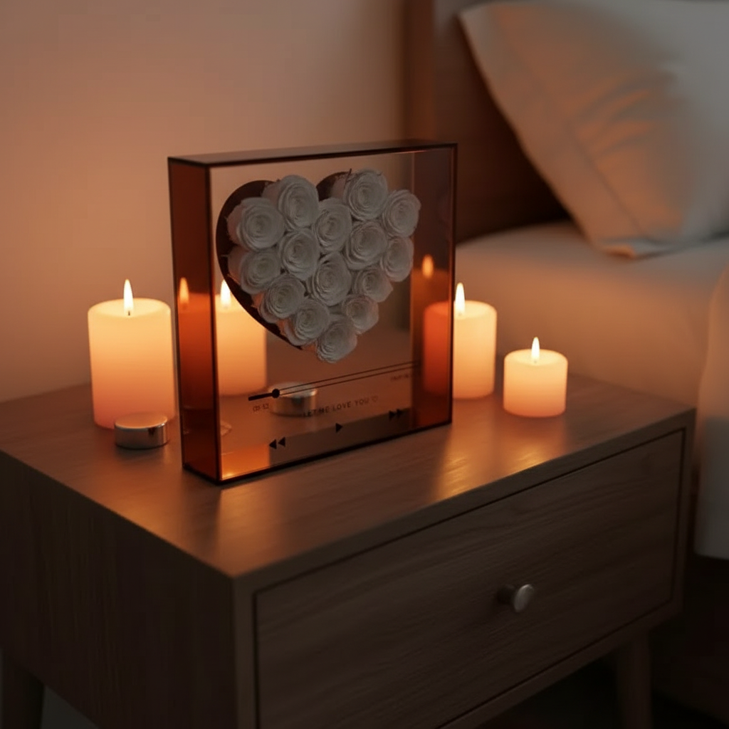 Acryl Herz mit ewigen Rosen und personalisierbarer Love CD von Amorlune, elegant und romantisch gestaltet.