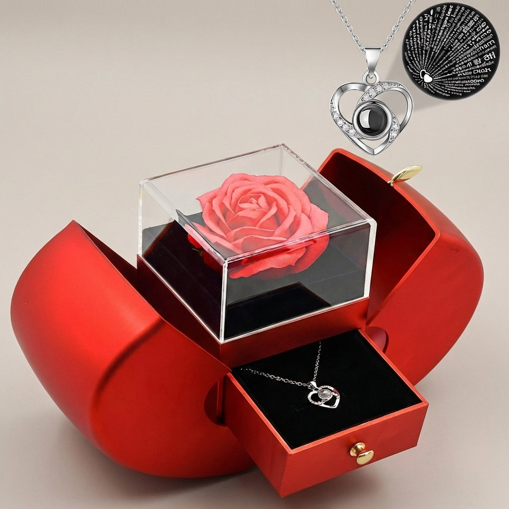 Apfel Geschenkbox mit Seifenrose und „Ich liebe dich“-Halskette in 100 Sprachen - Amorlune