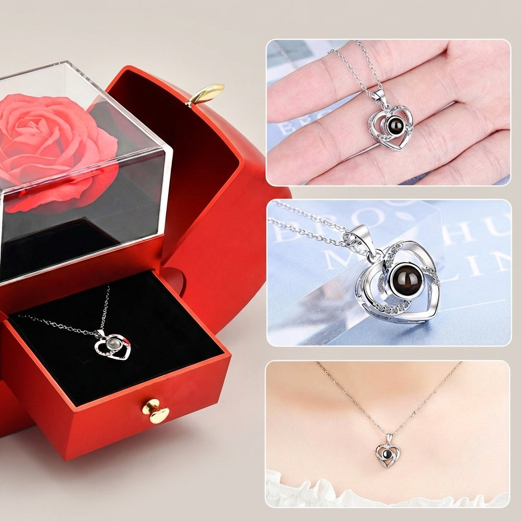 Apfel Geschenkbox mit Seifenrose und „Ich liebe dich“-Halskette in 100 Sprachen - Amorlune