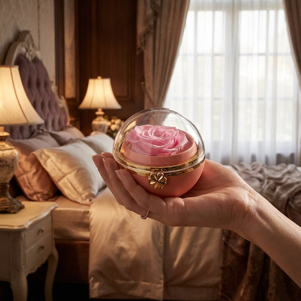 Amorlune Eternal Bloom rotating jewelry box featuring an everlasting rose in a decorative design.