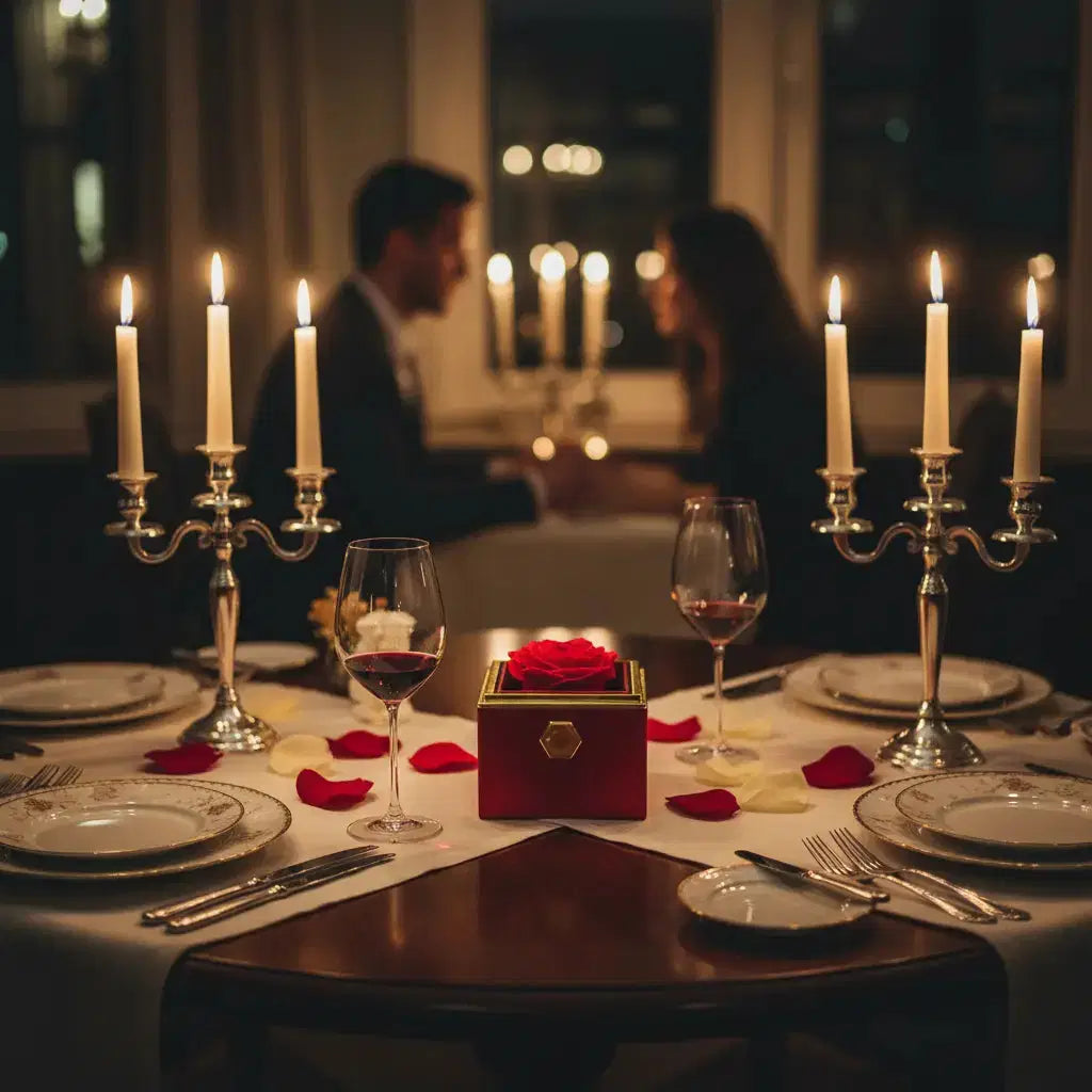 Ewige Kunstrosen Geschenkbox Classic von Amorlune mit Rosen und Kette in eleganter Geschenkset-Box, detailreiche Rosen und Schmuck sichtbar