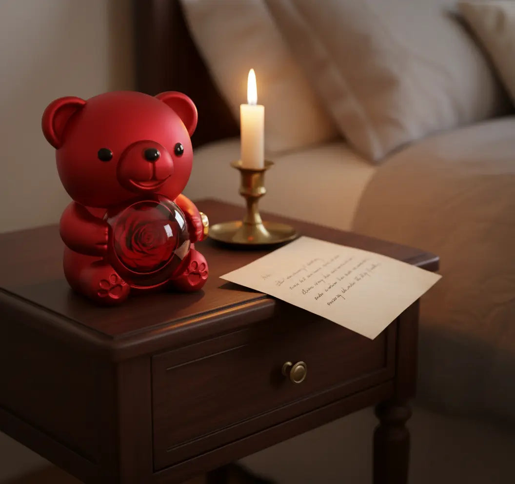 Amorlune Ewiger Rosen-Teddybär Geschenkset featuring a plush teddy bear and preserved roses in a decorative arrangement.