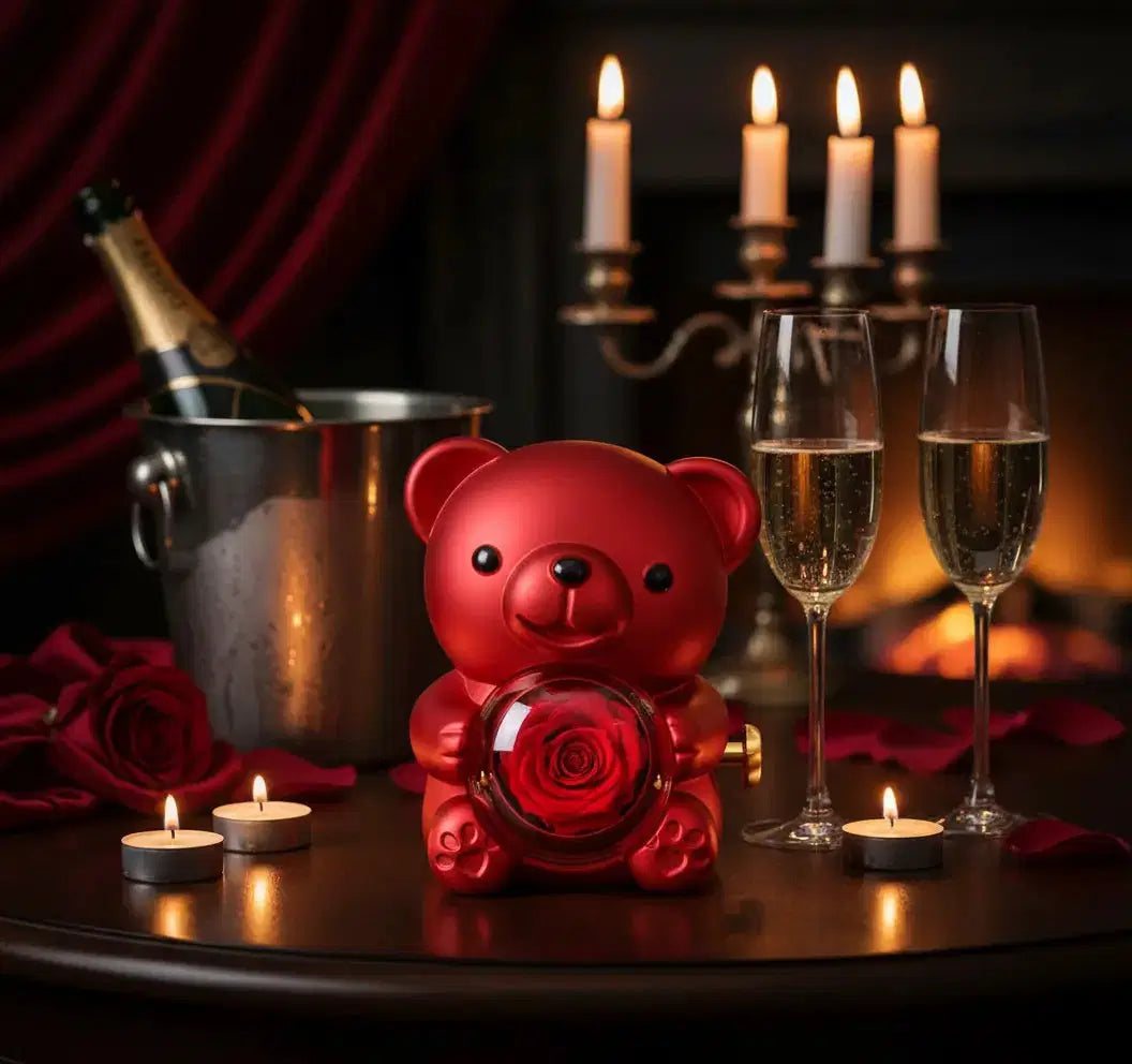 Ewiger Rosen-Teddybär Geschenkset by Amorlune featuring a plush teddy bear with preserved roses in a decorative box.