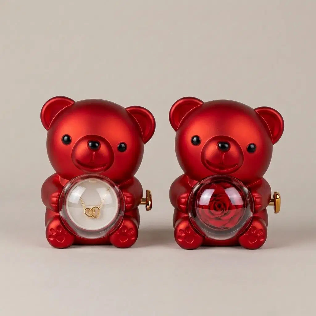 Ewiger Rosen-Teddybär Geschenkset by Amorlune featuring a plush teddy bear and preserved roses in a decorative arrangement.