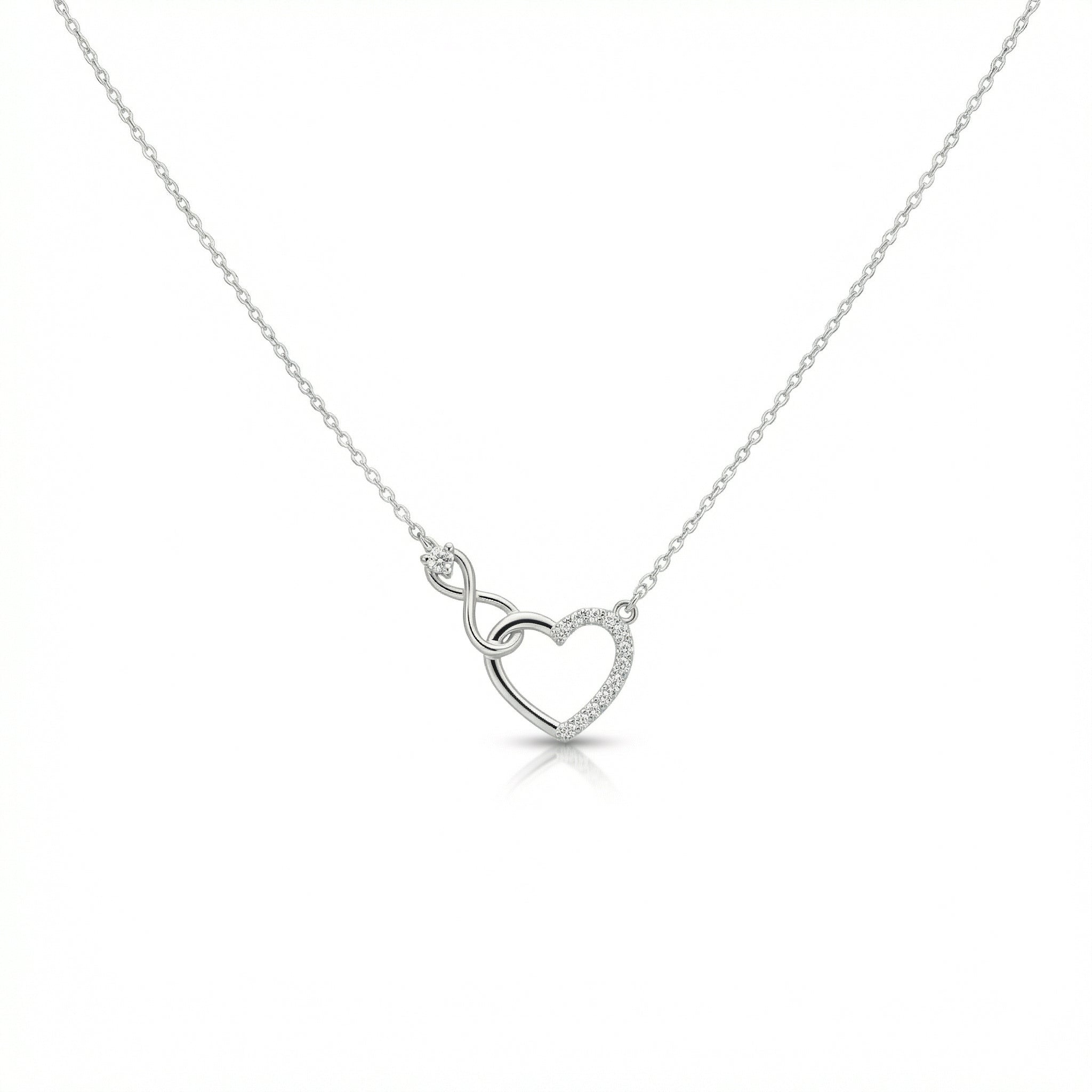 Infinity heart necklace made of 925 sterling silver by Amorlune, showcasing a delicate and elegant design.