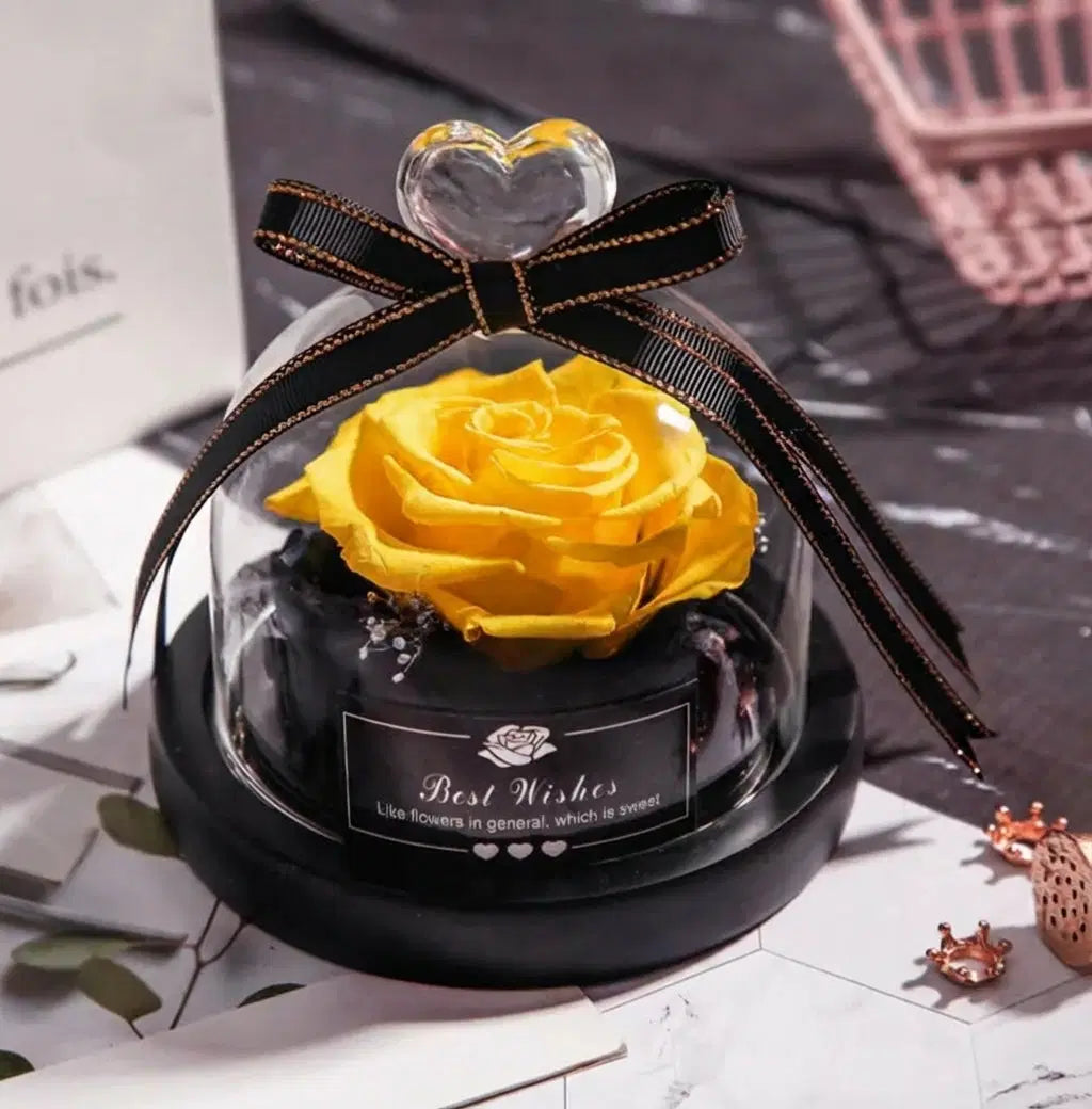 Konservierte ewige Rose in einer klaren Glaskuppel, präsentiert von Amorlune, mit grünen Blättern und eleganter Verpackung.