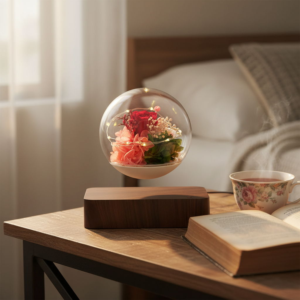 Magnetisch schwebende Rosenkugel von Amorlune, elegant schwebend mit bunten Rosen im Inneren.