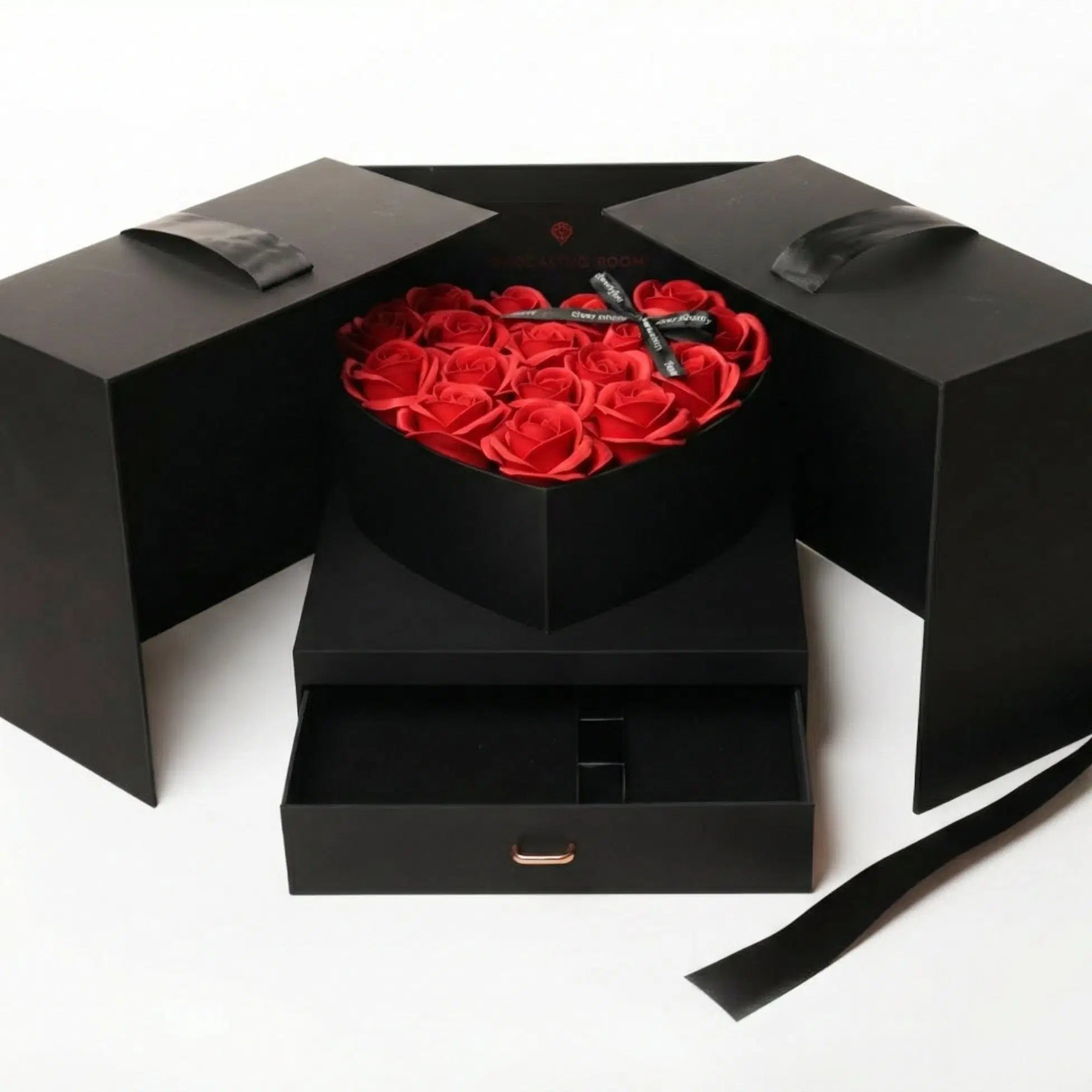 Amorlune Seifenrosen Geschenkbox featuring vibrant, handcrafted soap roses arranged in an elegant display.