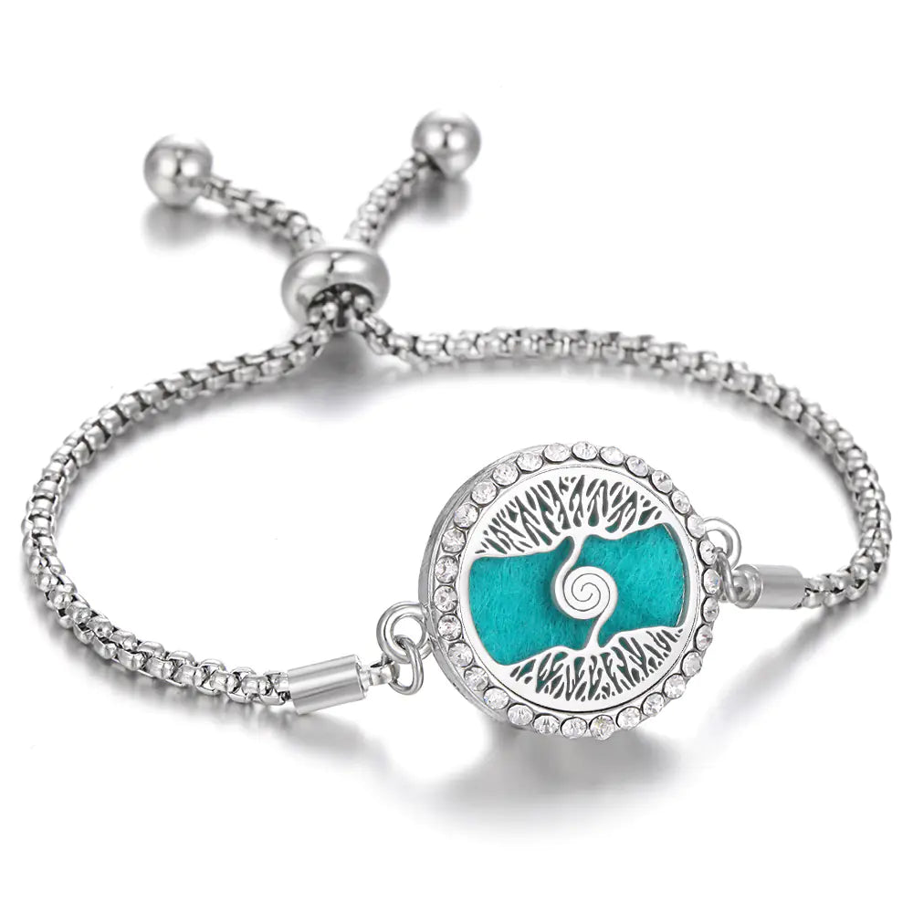 Amorlune silver adjustable diffuser bracelet adorned with rhinestones, showcasing elegant design and intricate details.