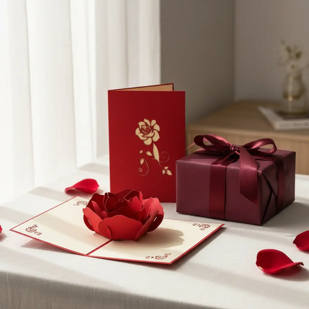 Rote Pop-up-Grußkarte mit Rosenmotiv und edler Geschenkverpackung von Amorlune auf einem Tisch – ideale Ergänzung für romantische Geschenke und besondere Anlässe