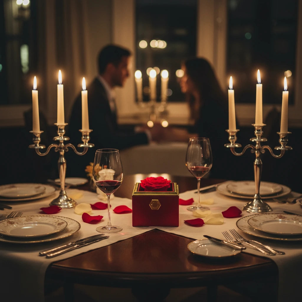 Romantisches Candle-Light-Dinner mit Amorlune Rosenbox als Geschenk auf festlich gedecktem Tisch – stilvolle Überraschung für Paare, Valentinstag oder Jahrestag