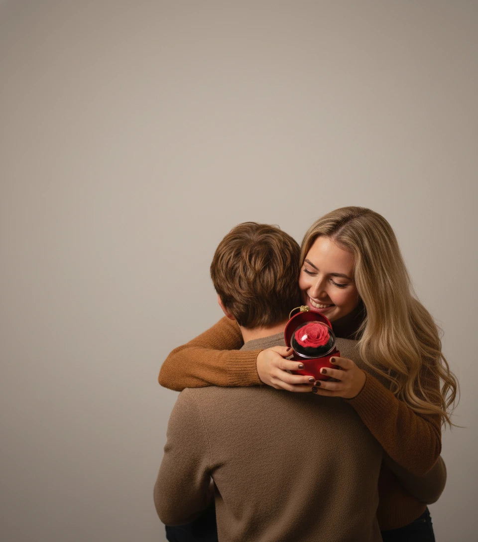 Frau umarmt ihren Partner und hält eine rote Amorlune Rosenbox – romantisches Geschenk für Paare, ideal für Jahrestag, Geburtstag oder Valentinstag