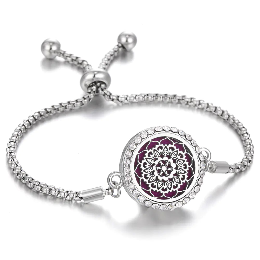 Amorlune silver adjustable diffuser bracelet adorned with rhinestones, showcasing a stylish and elegant design.