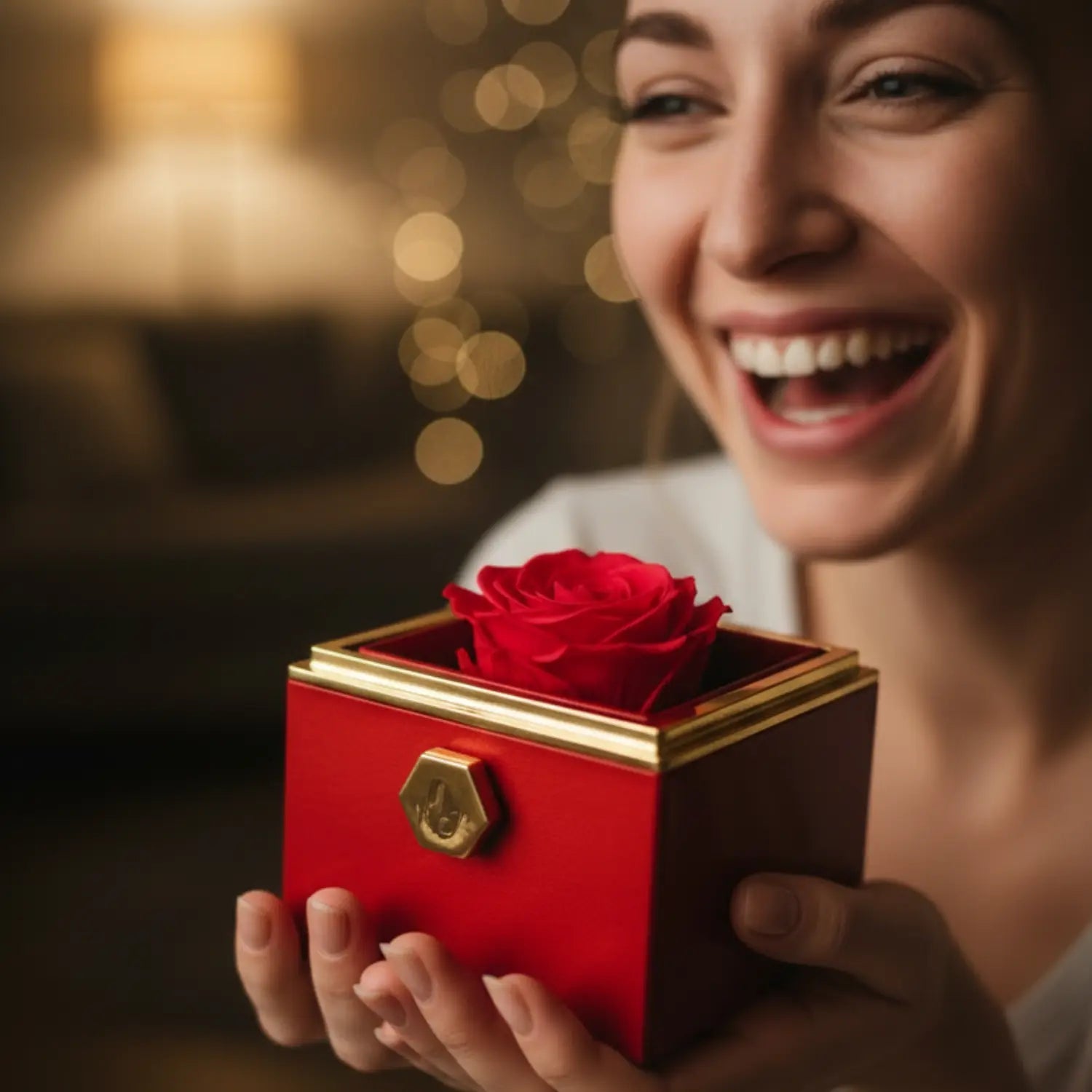 Glückliche Frau hält eine rote Amorlune Rosenbox in den Händen und freut sich über das exklusive Geschenk – ideale Überraschung für besondere Anlässe wie Geburtstag, Jahrestag oder Valentinstag