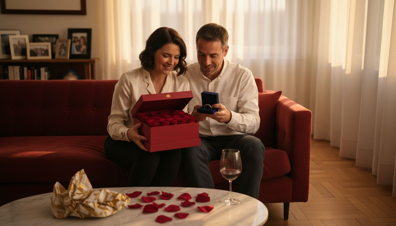 Ein Paar sitzt glücklich zwischen edlen Geschenken zu seinem Jubiläum.