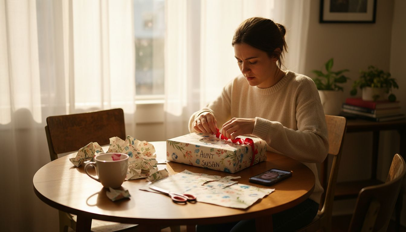 Woman thoughtfully wrapping personalized gift at home
