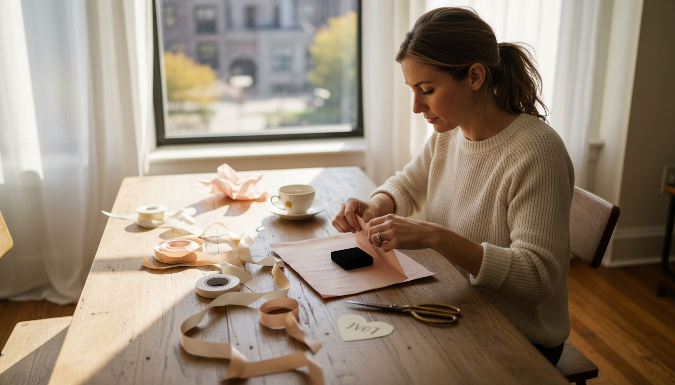 Woman wrapping romantic gift at dining table