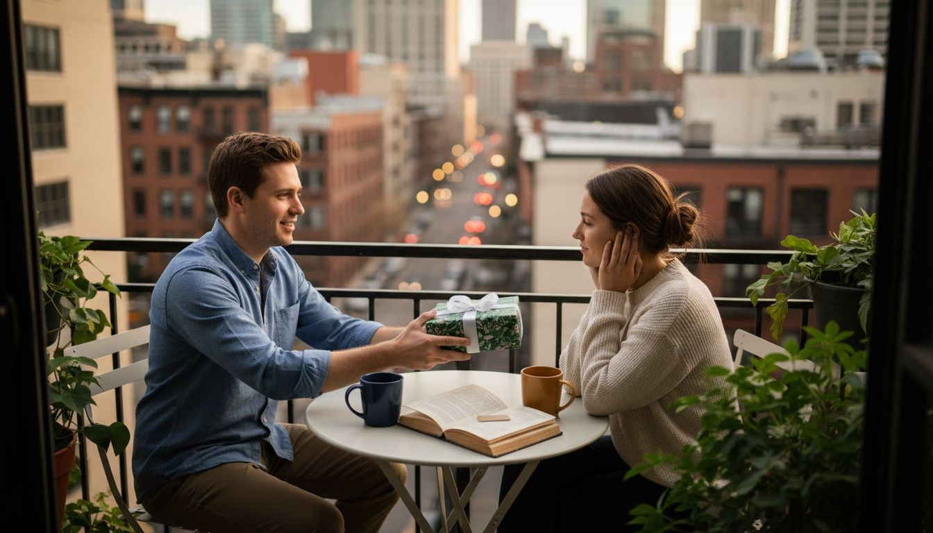 Couple exchanging a thoughtful romantic gift