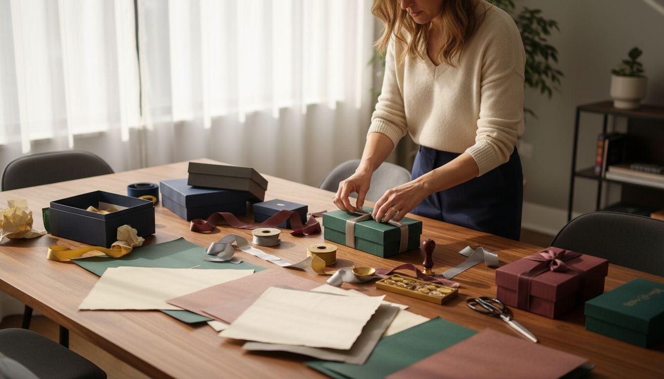 Hands arranging luxury gift packaging materials