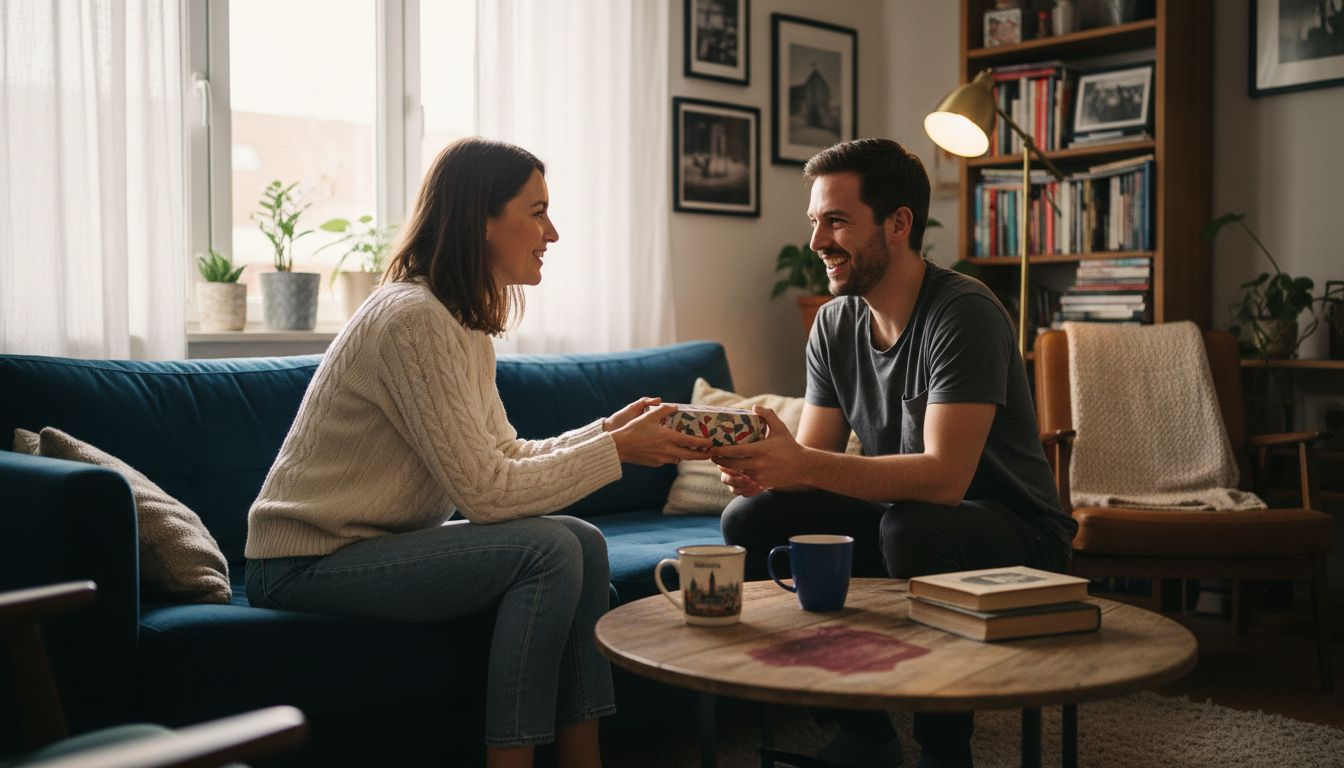 Ein Paar überrascht sich im Wohnzimmer mit einem ganz besonderen Geschenk.