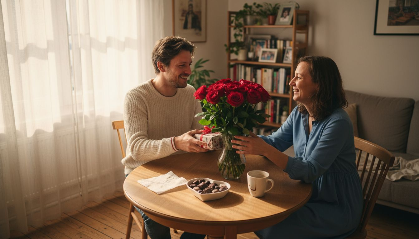 Ein Paar sitzt gemeinsam am Tisch und überrascht sich gegenseitig mit Valentinstagsgeschenken.