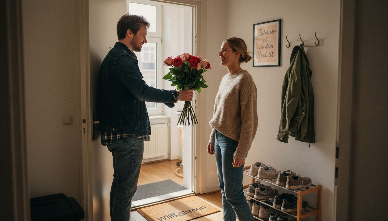 Eine Frau öffnet ihre Wohnungstür und wird mit einem Strauß Rosen überrascht.