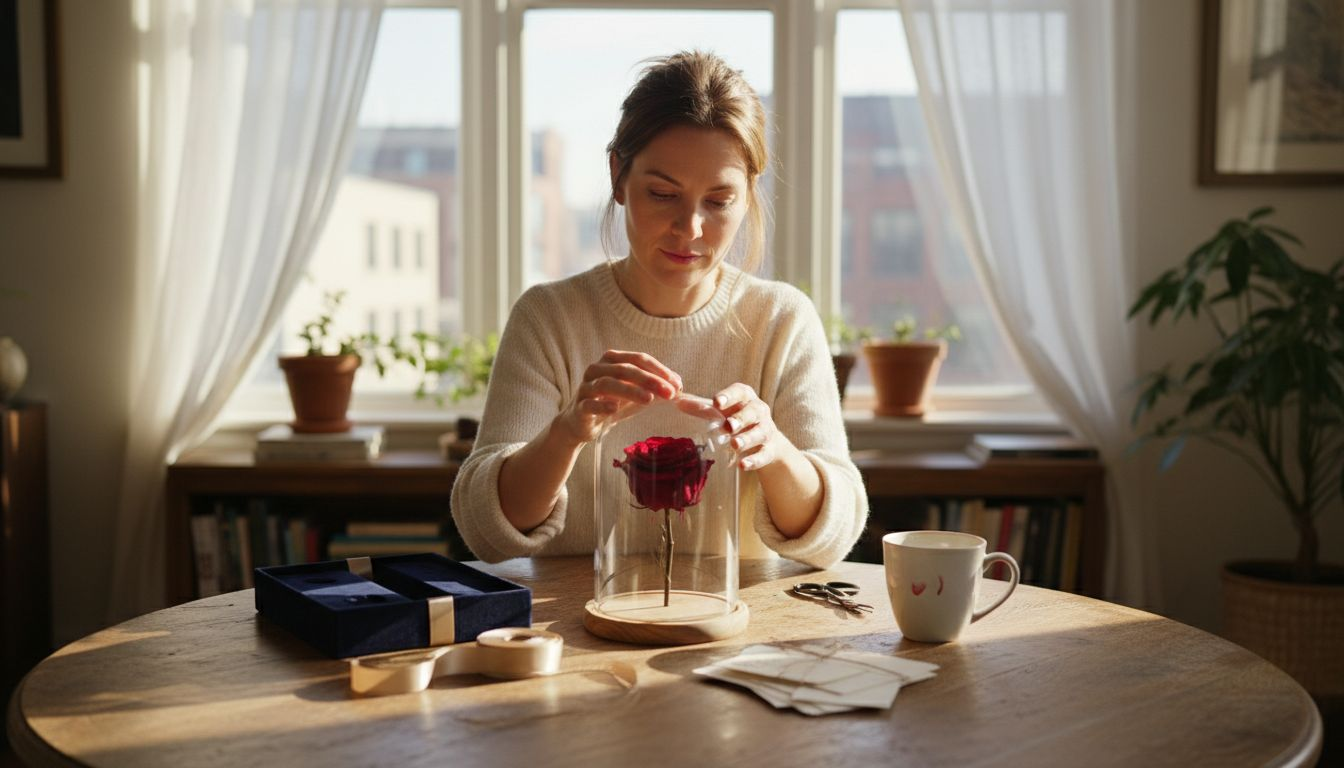 Woman arranges eternal rose for celebration