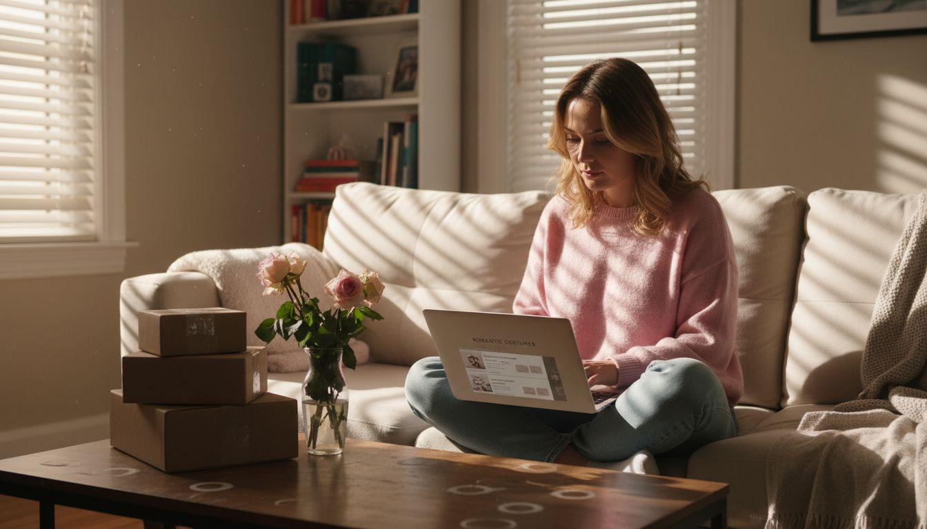 Woman shopping romantic gifts online at home