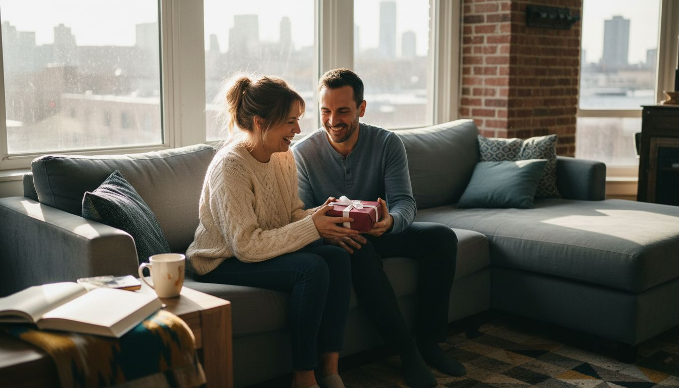 Couple exchanging Valentine’s gift at home
