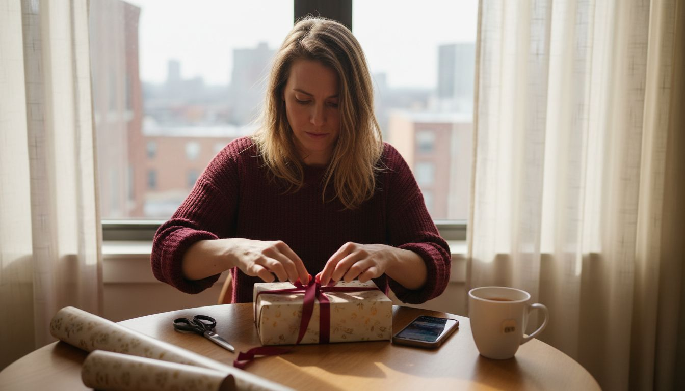 Woman wrapping a gift at home table
