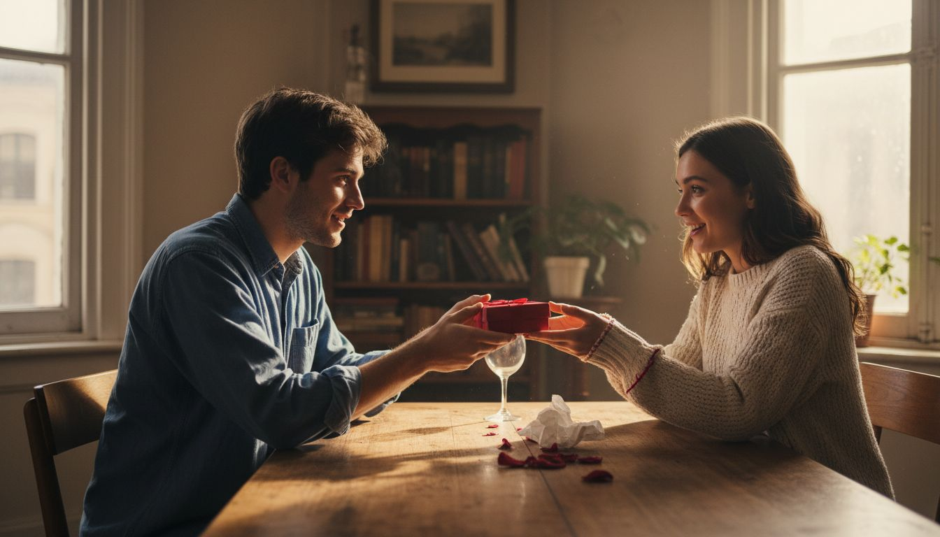 Ein Paar sitzt gemeinsam am Tisch und tauscht liebevoll Valentinstagsgeschenke aus.