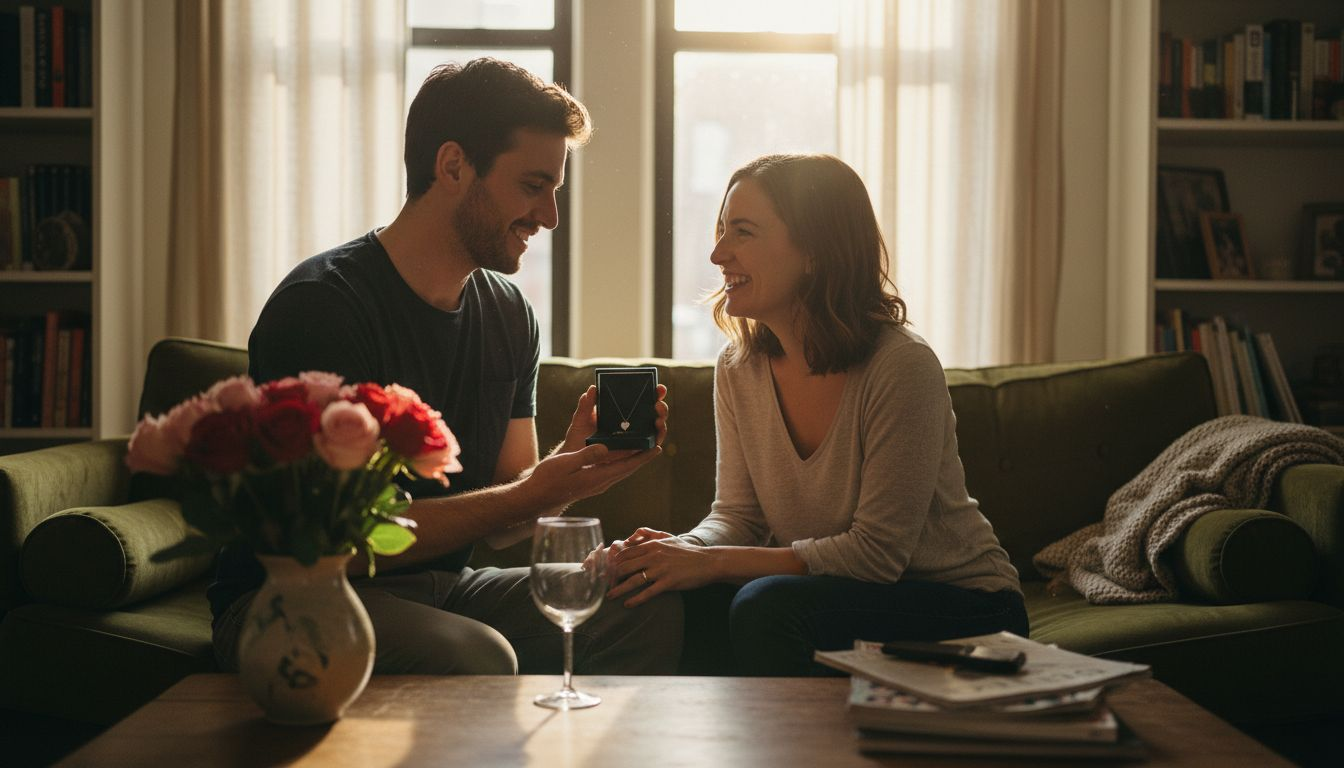 Couple exchanging romantic jewelry gift