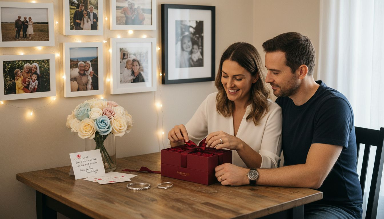 Couple exchanging romantic anniversary gifts