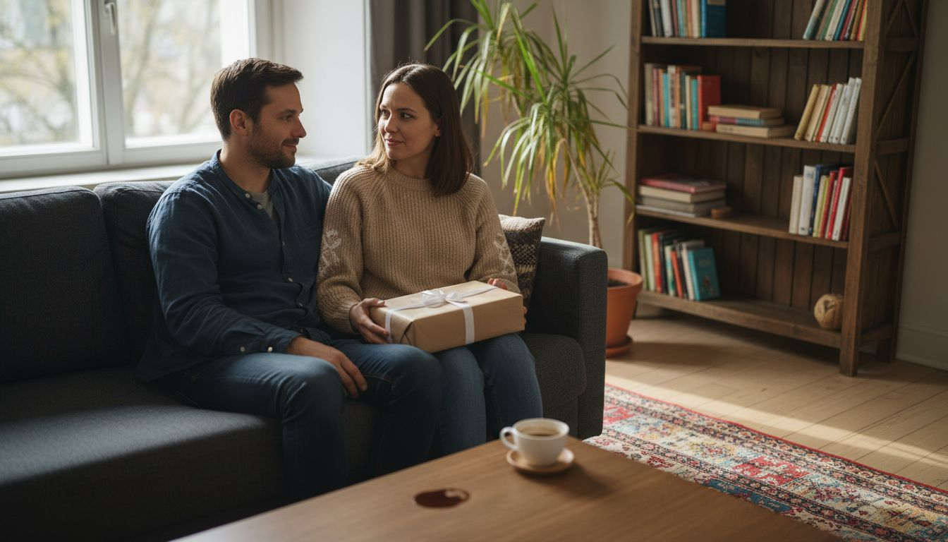 Ein verliebtes Paar tauscht liebevolle Geschenke aus.