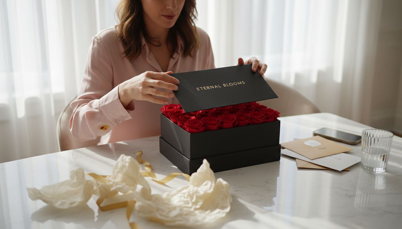 Woman opening elegant rose box gift