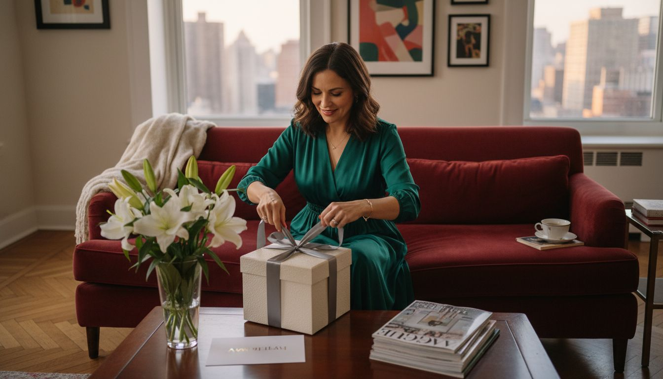 Woman opening luxury gift in cozy apartment